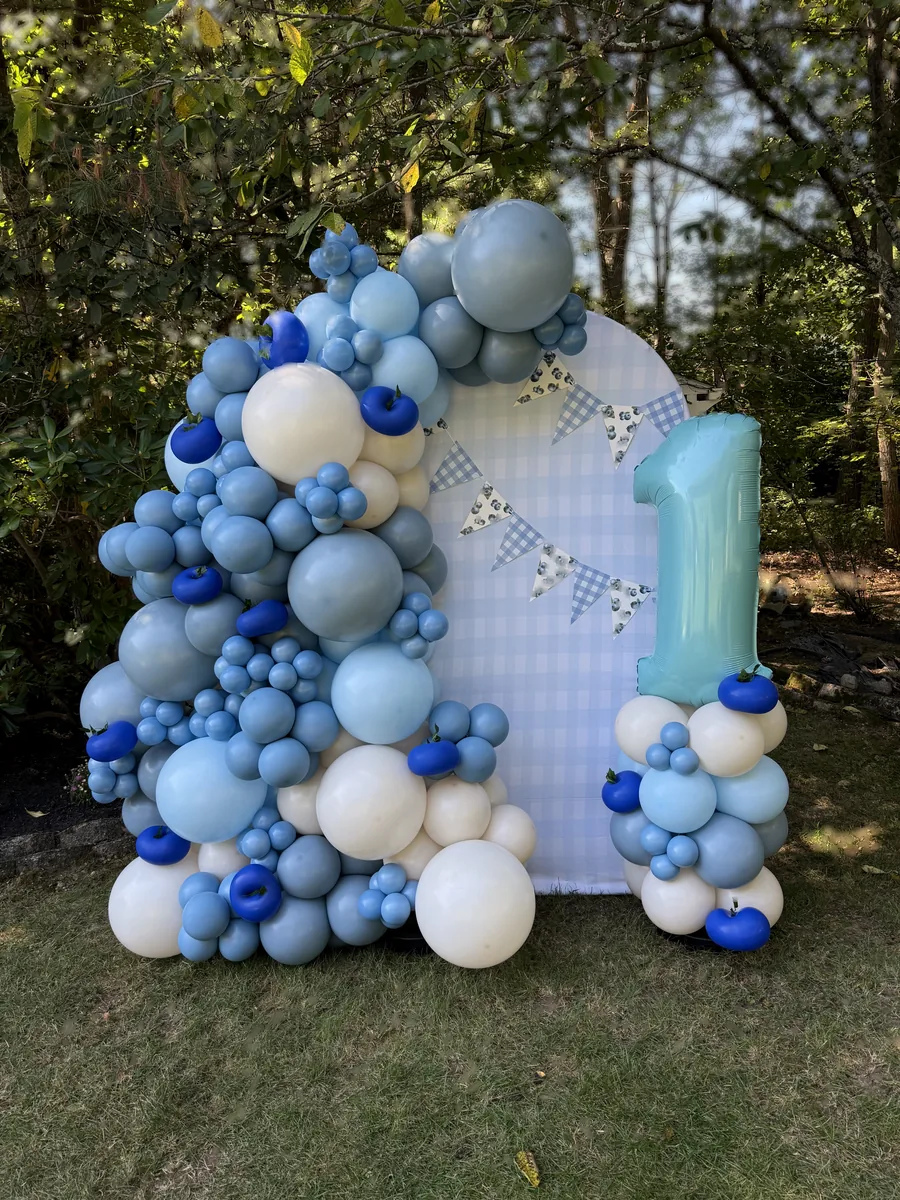 Soft powder blue and white first birthday organic balloon garland